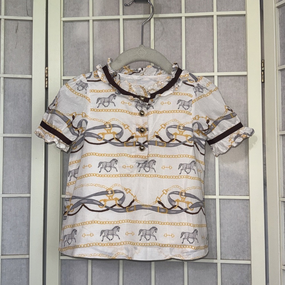 Janie & Jack Western Equestrian Puff Ruffle Sleeve Horse Bit Shirt Girls‎ Sz 2T